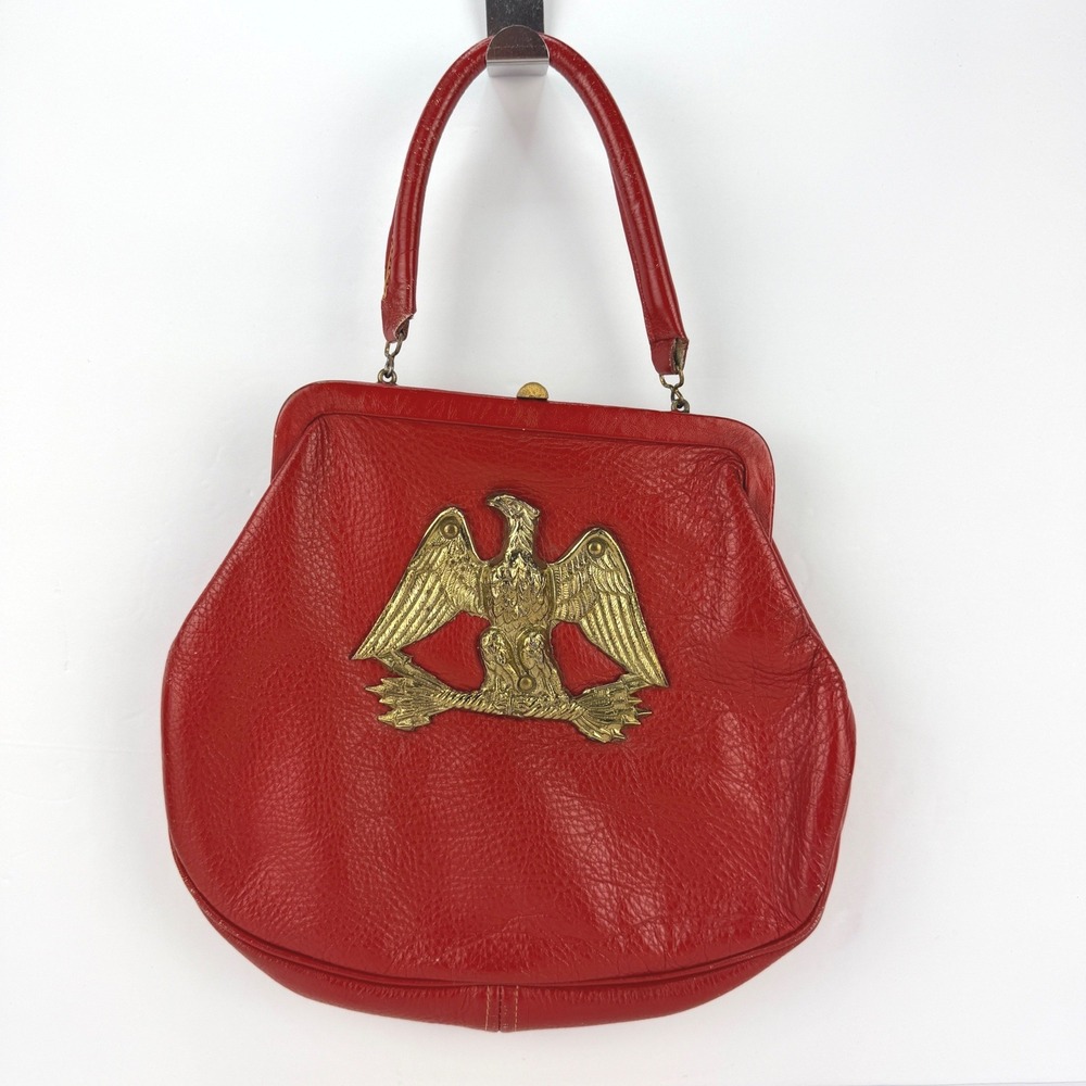 VTG Retro Roger Van S Red Leather Eagle Frame Handbag Kiss Lock Coin Purse MCM